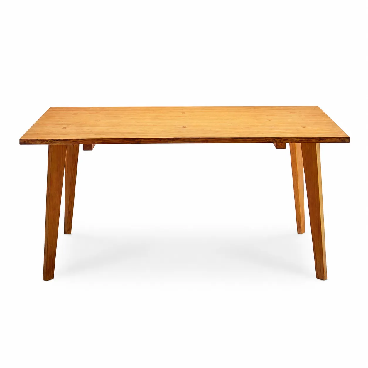 T807 コッコテーブルの全体像。明るい針葉樹の甲板と外に開いた脚。写真はツガ材の4枚接ぎ・長さ1,500mm。