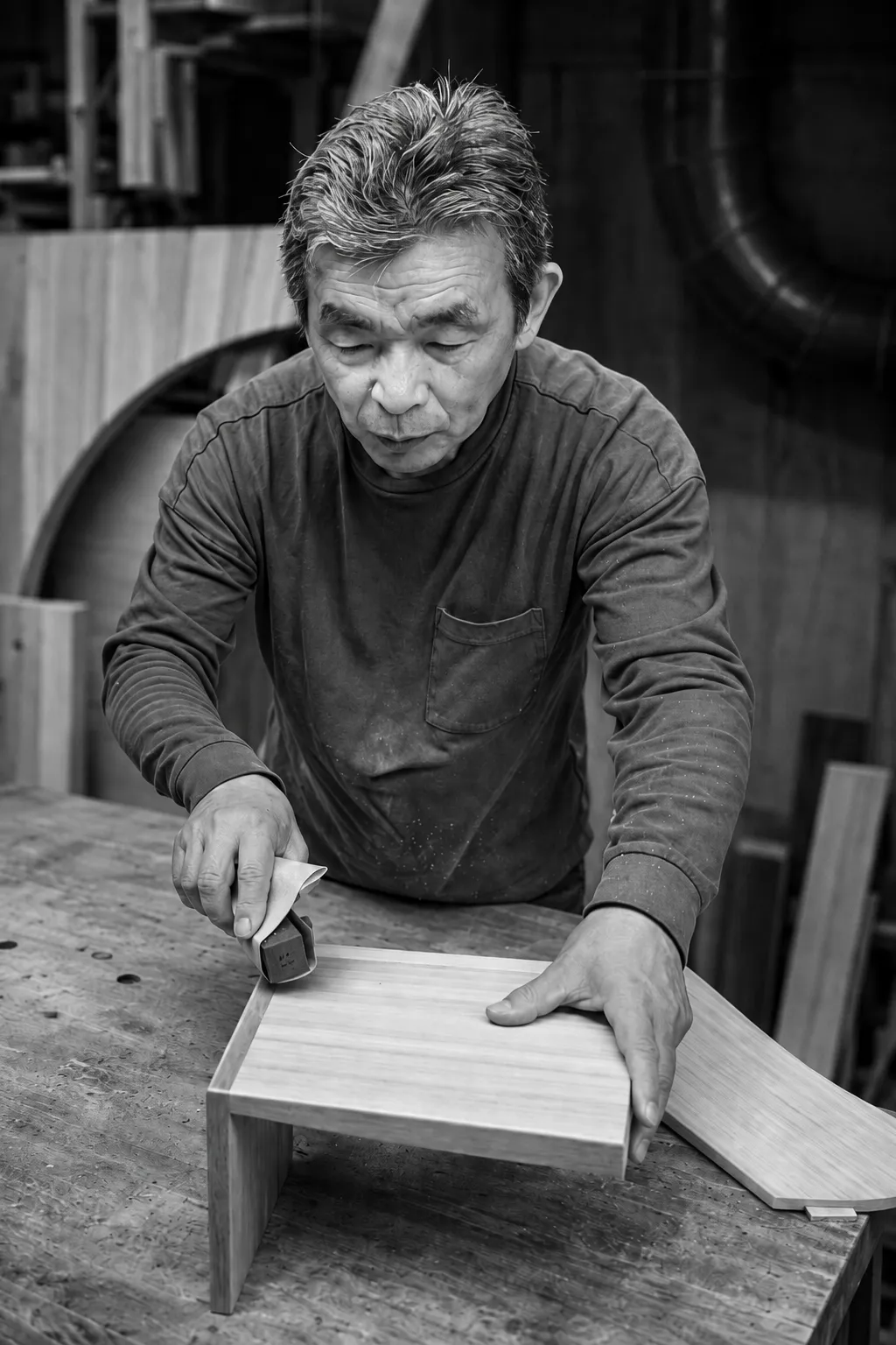 工房の作業台で、小さな木のベンチの座面を当て木で研磨する吉田亞人。モノクロ写真。