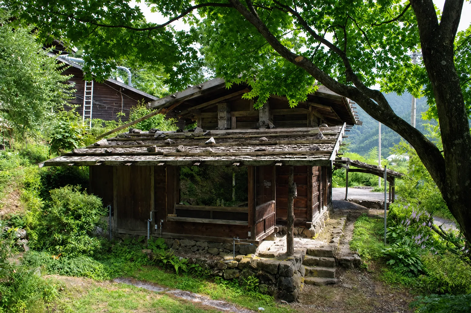 木々に囲まれた板倉。石を載せた板葺きの屋根と、石積みの基礎が見える。